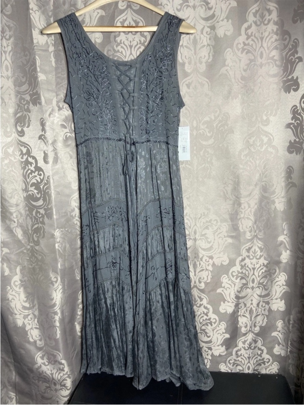 Scully Slate Gray Beaded Lace-Up Maxi Dress